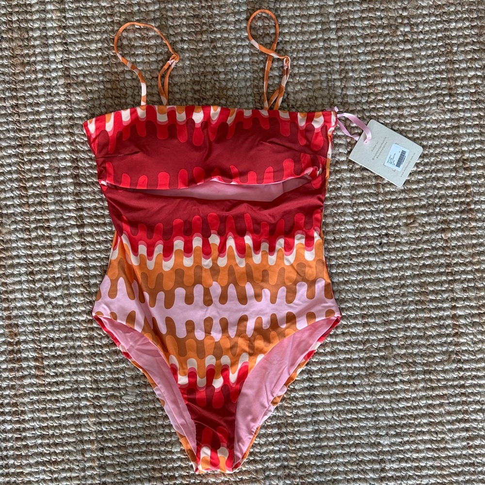 One-Piece Swimsuit in Red, Orange & Pink - Stylish Pattern